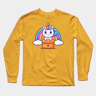 Cute Unicorn In Box With Rainbow Cartoon Long Sleeve T-Shirt